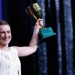 Mathilde Arcel with the Volpi Cup for Best Actress