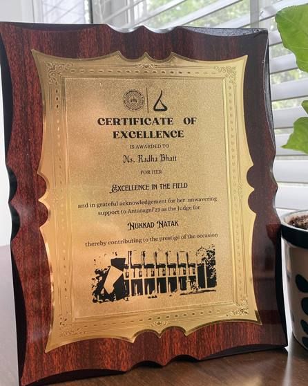 Radha Bhatt's Certificate of Excellence for Nukkad Natak