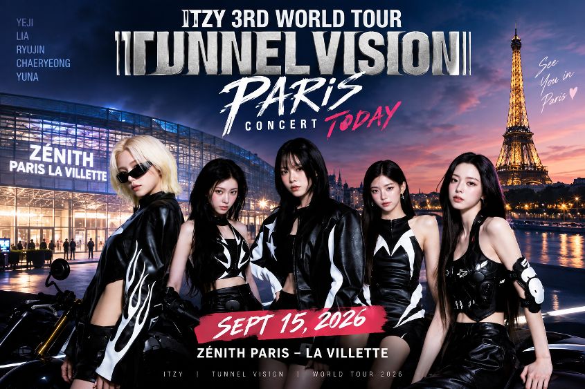 ITZY Paris Concert Today: Yeji, Lia, Ryujin, Chaeryeong और Yuna आज मचाएंगी धमाल, जानें Venue और Show Details 1 ITZY members on Tunnel Vision World Tour poster for Paris concert