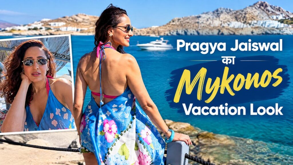 Pragya Jaiswal in a blue floral dress during her Mykonos vacation